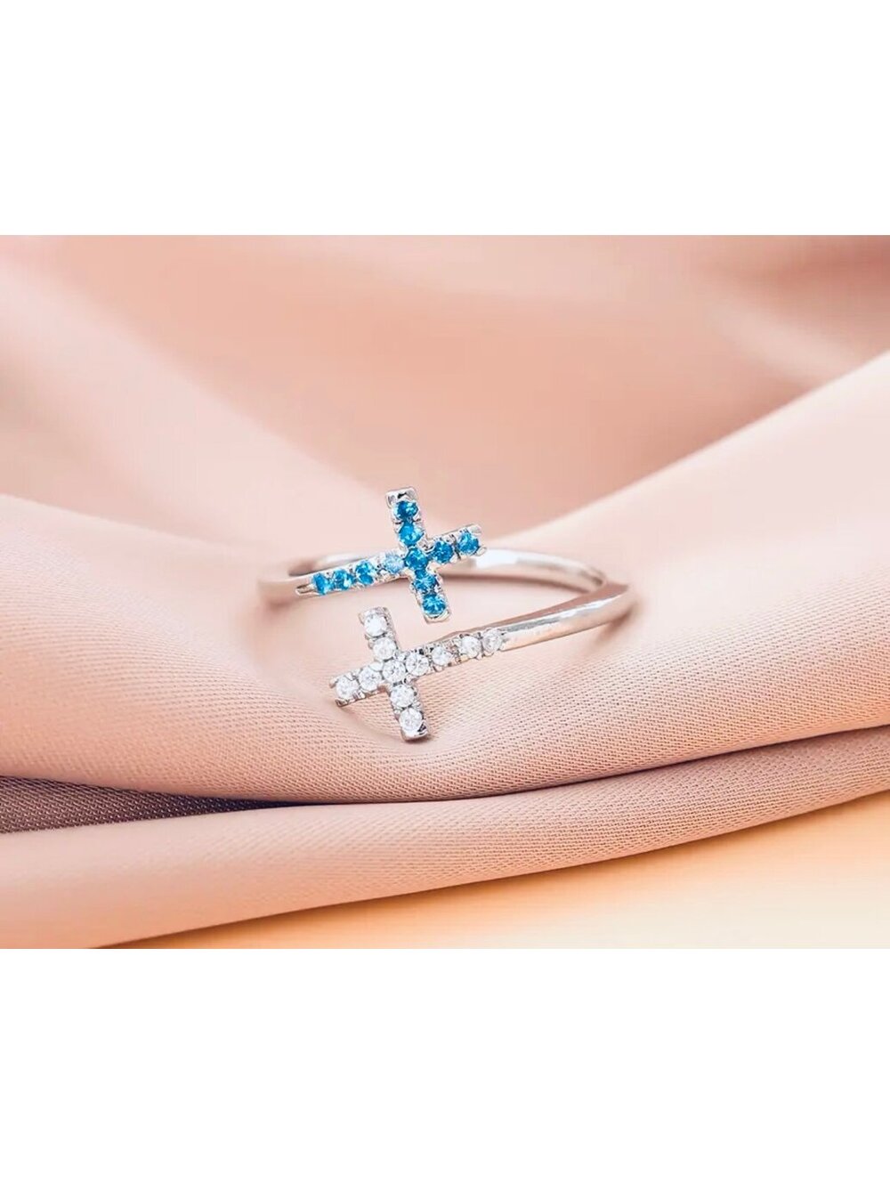 New - Unique -Double Layer -Two-Tone Dual Cross-Inlaid Zirconia Adjustable Ring